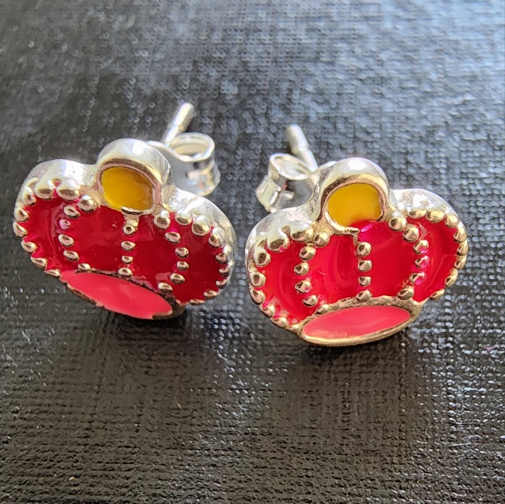 Crown 925 S Silver Stud Earrings in Red, Pink, and Silver For Girls